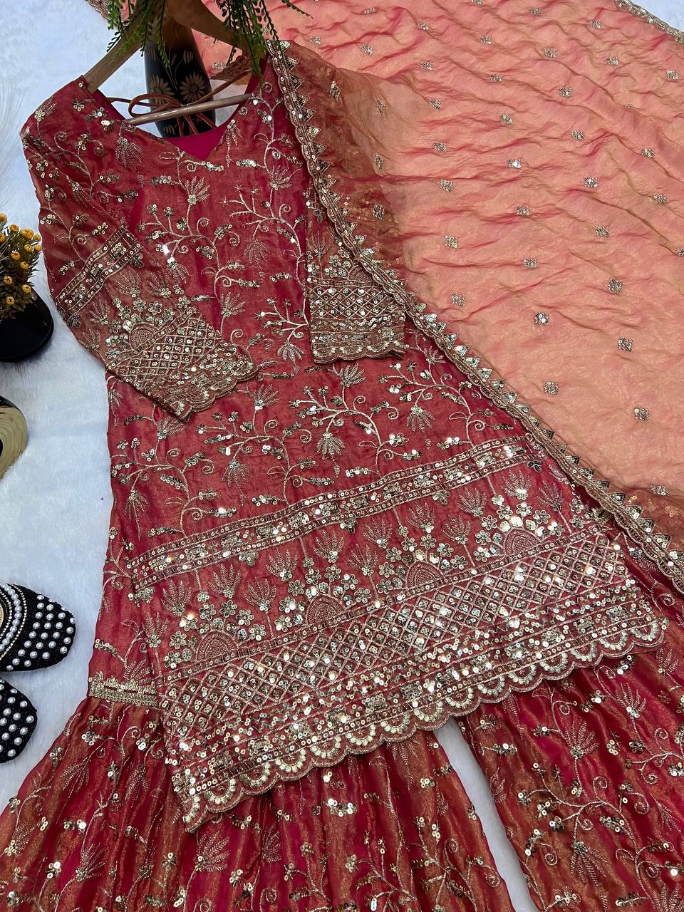 Fandy Crush Silk Sequins Sharara Set