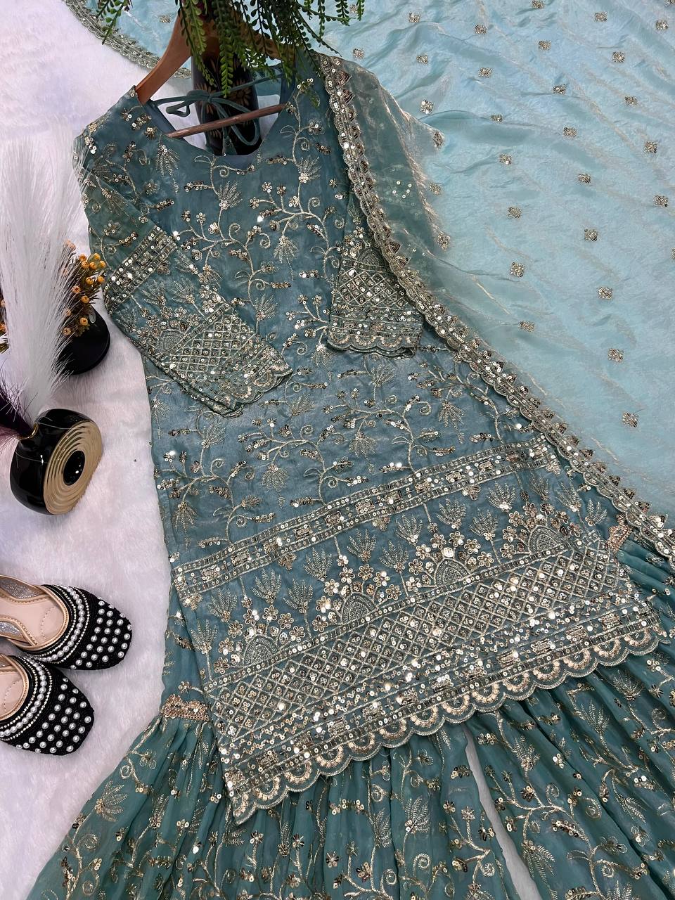 Fandy Crush Silk Sequins Sharara Set