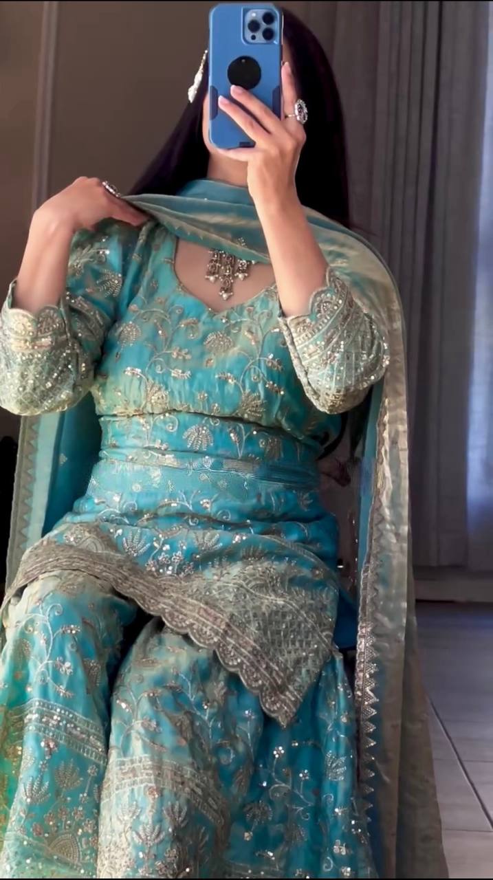 Fandy Crush Silk Sequins Sharara Set