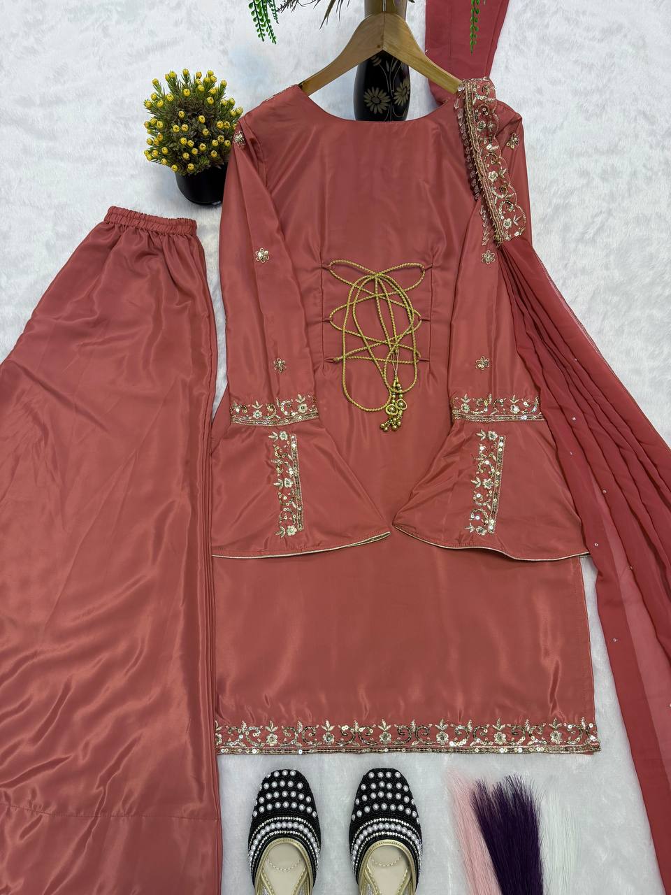 Crepe Silk Embroidered Sharara Set