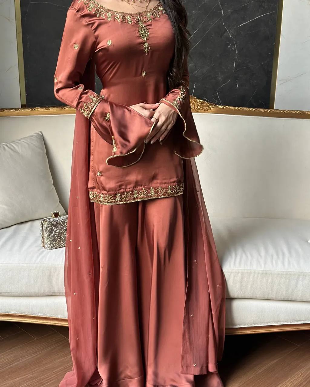 Crepe Silk Embroidered Sharara Set