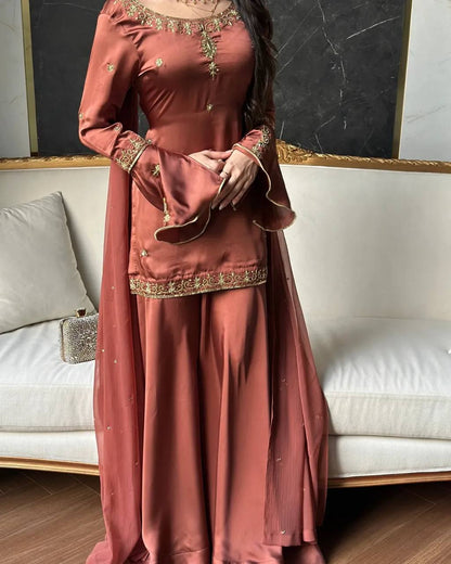 Crepe Silk Embroidered Sharara Set