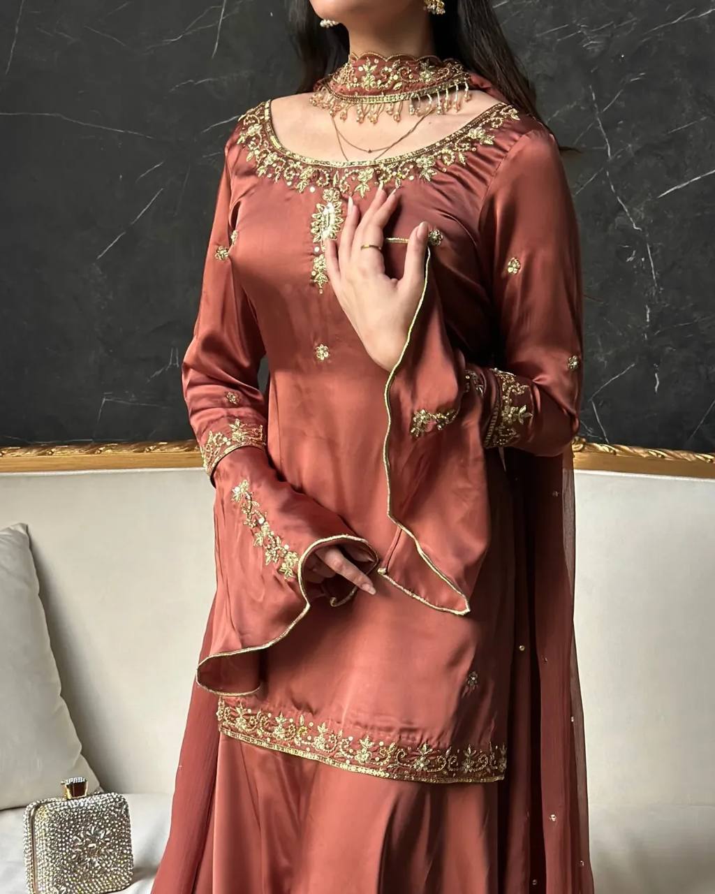 Crepe Silk Embroidered Sharara Set