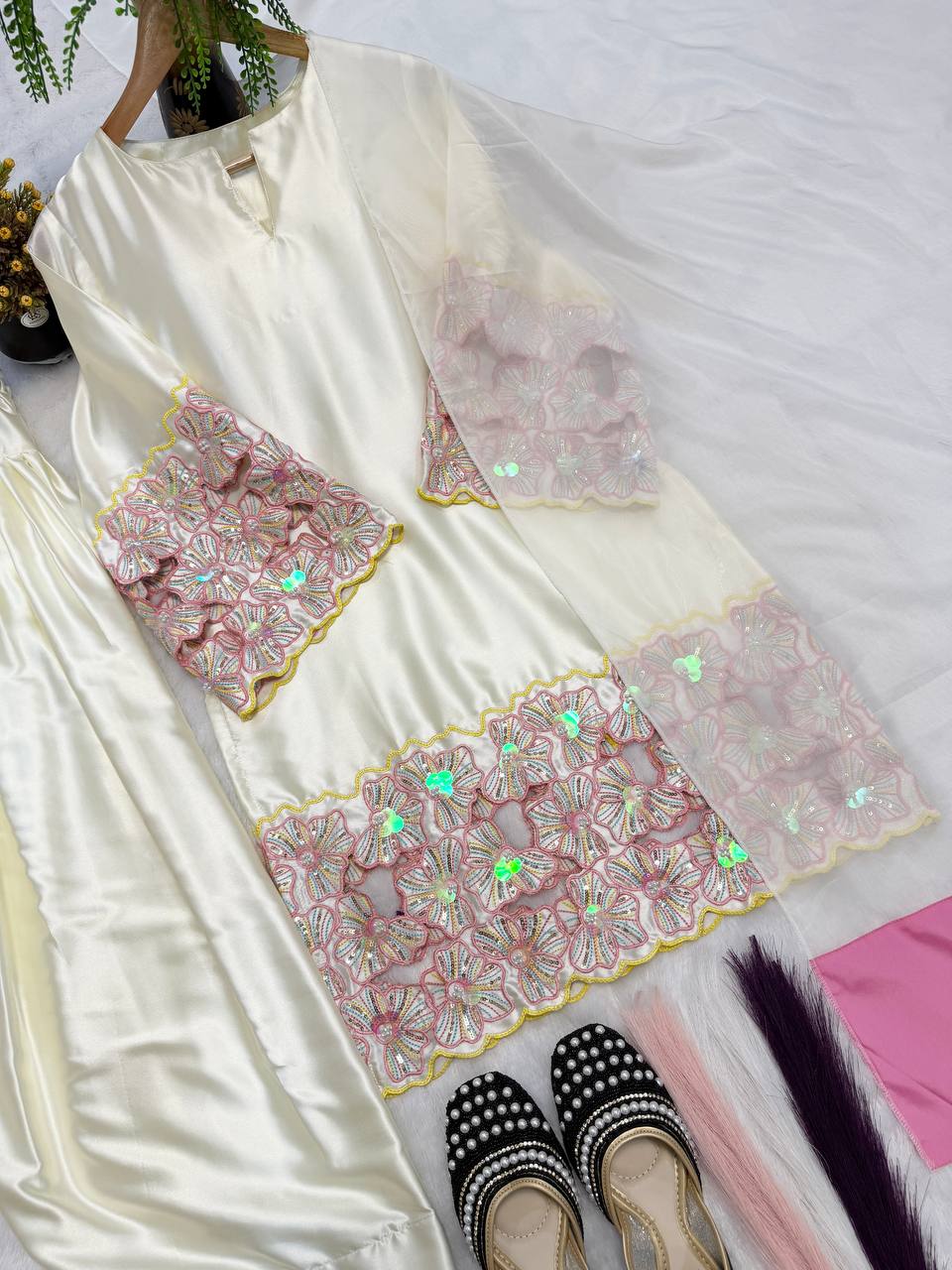 Crepe Silk Moti Work Farshi Salwar Set