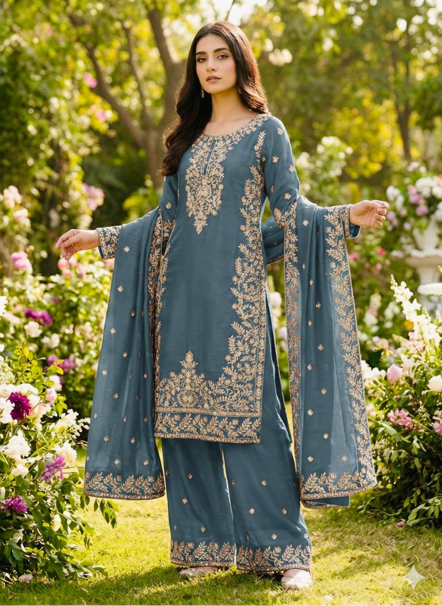 GMY Silk Embroidered Plazzo Set