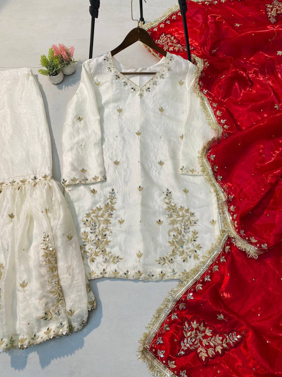 Fendy Mirror Work Sharara Set White Red Combination
