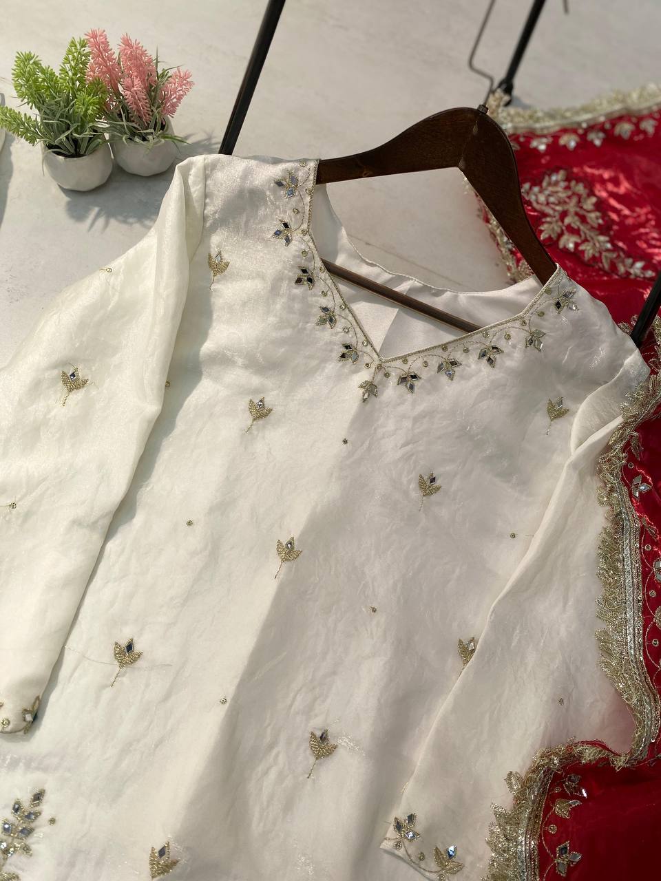 Fendy Mirror Work Sharara Set White Red Combination