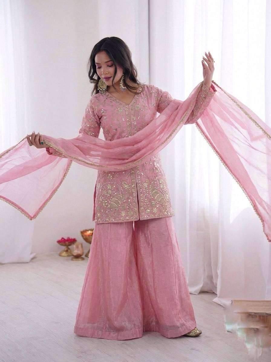 Fendy Silk Embroidered Plazzo Set (Pink)