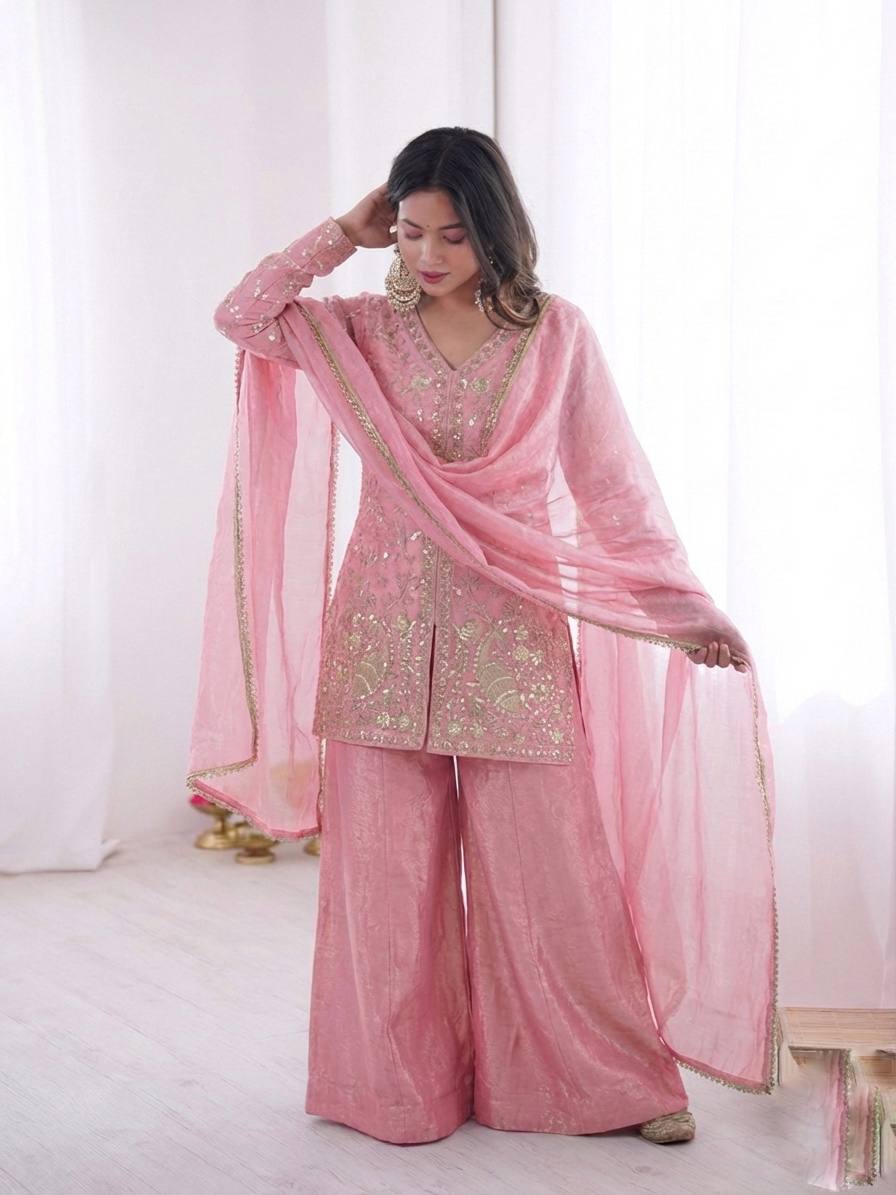 Fendy Silk Embroidered Plazzo Set (Pink)