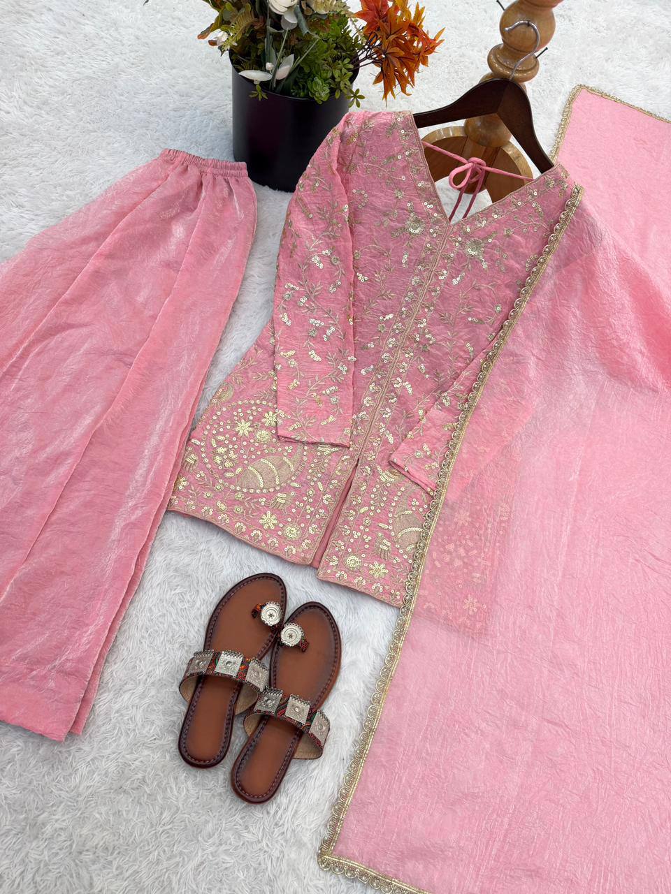 Fendy Silk Embroidered Plazzo Set (Pink)