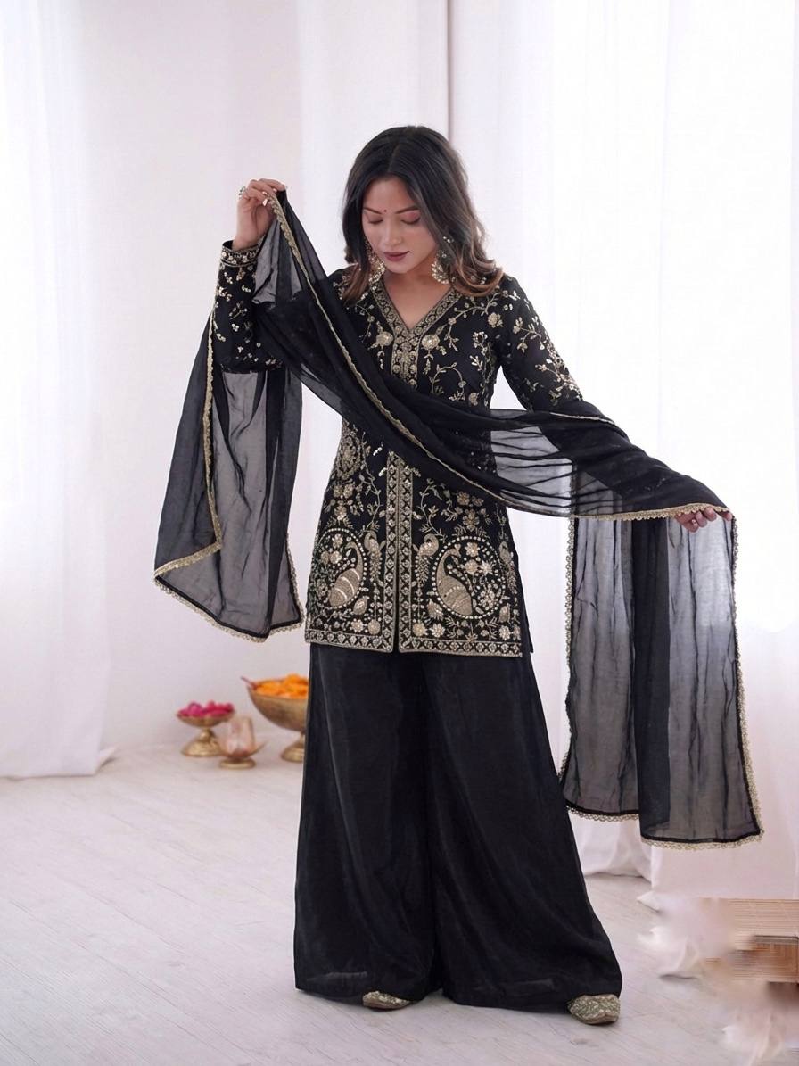 Fendy Silk Embroidered Plazzo Set (Black)