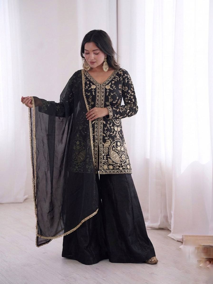Fendy Silk Embroidered Plazzo Set (Black)