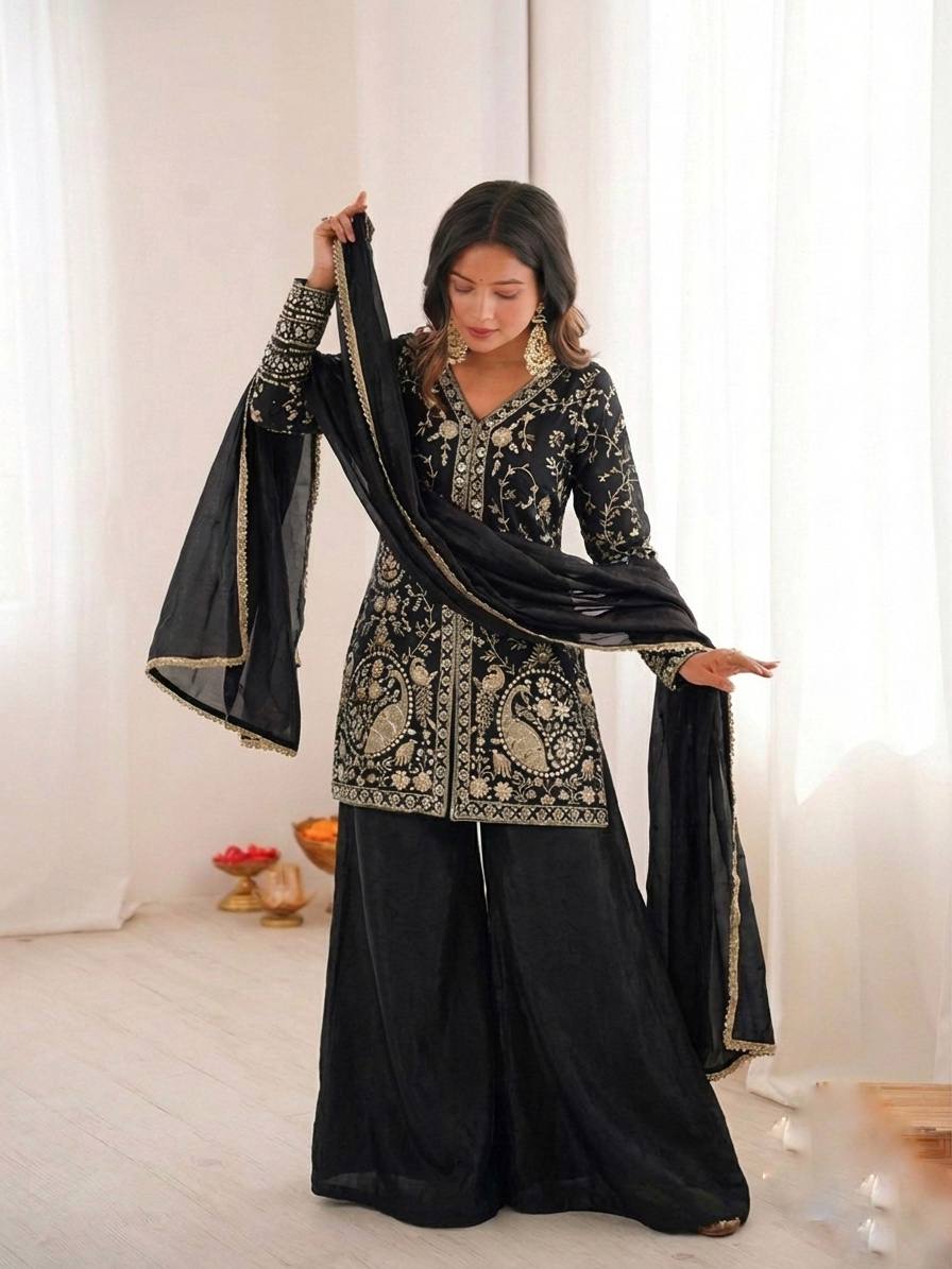 Fendy Silk Embroidered Plazzo Set (Black)