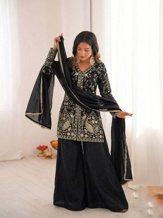 Fendy Silk Embroidered Plazzo Set (Black)
