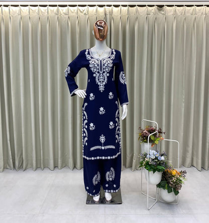 Rayon Embroidered Kurti Plazzo Set