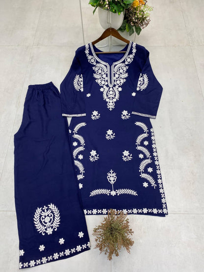 Rayon Embroidered Kurti Plazzo Set