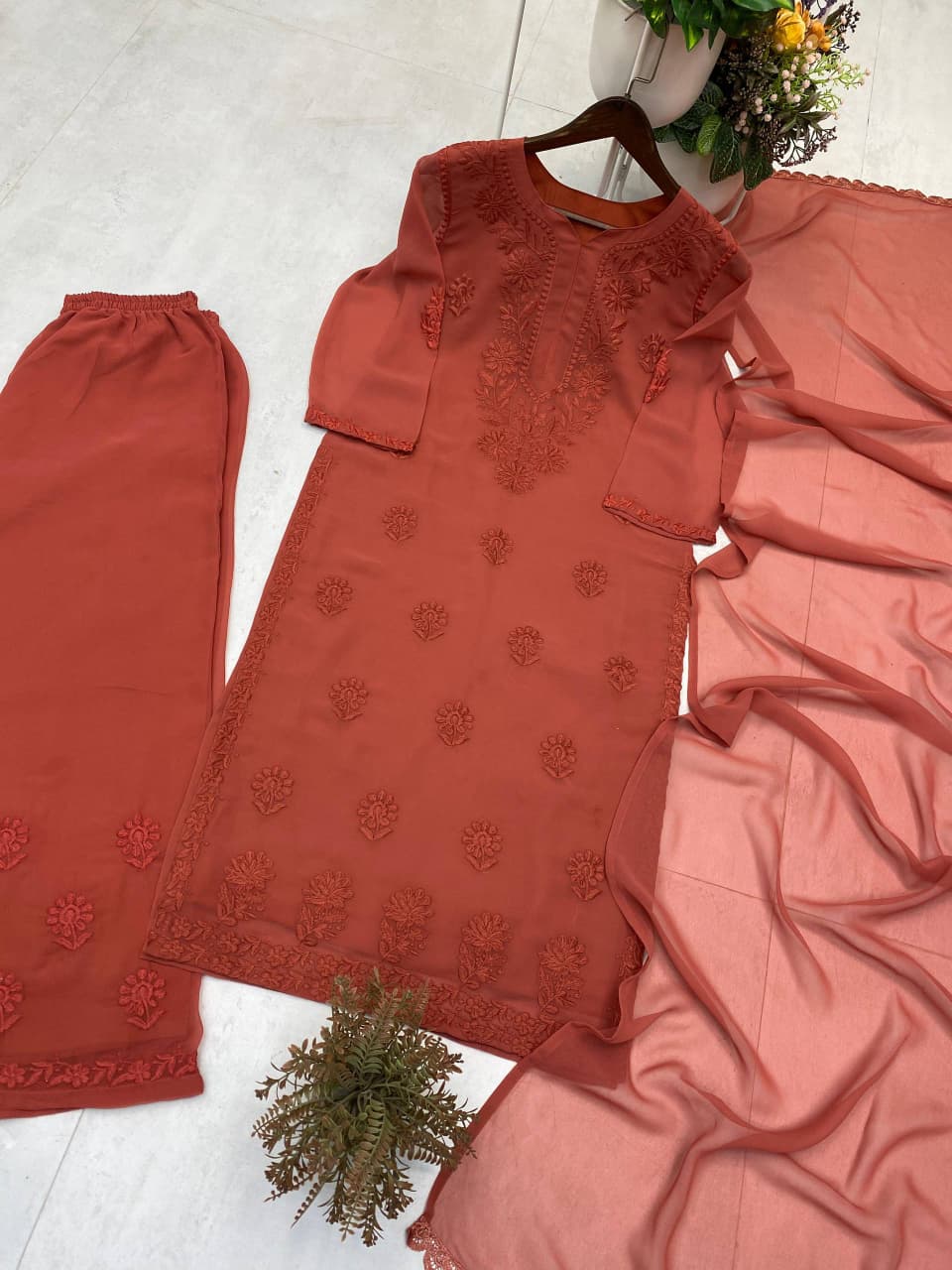 Faux Georgette Embroidered Plazzo Set
