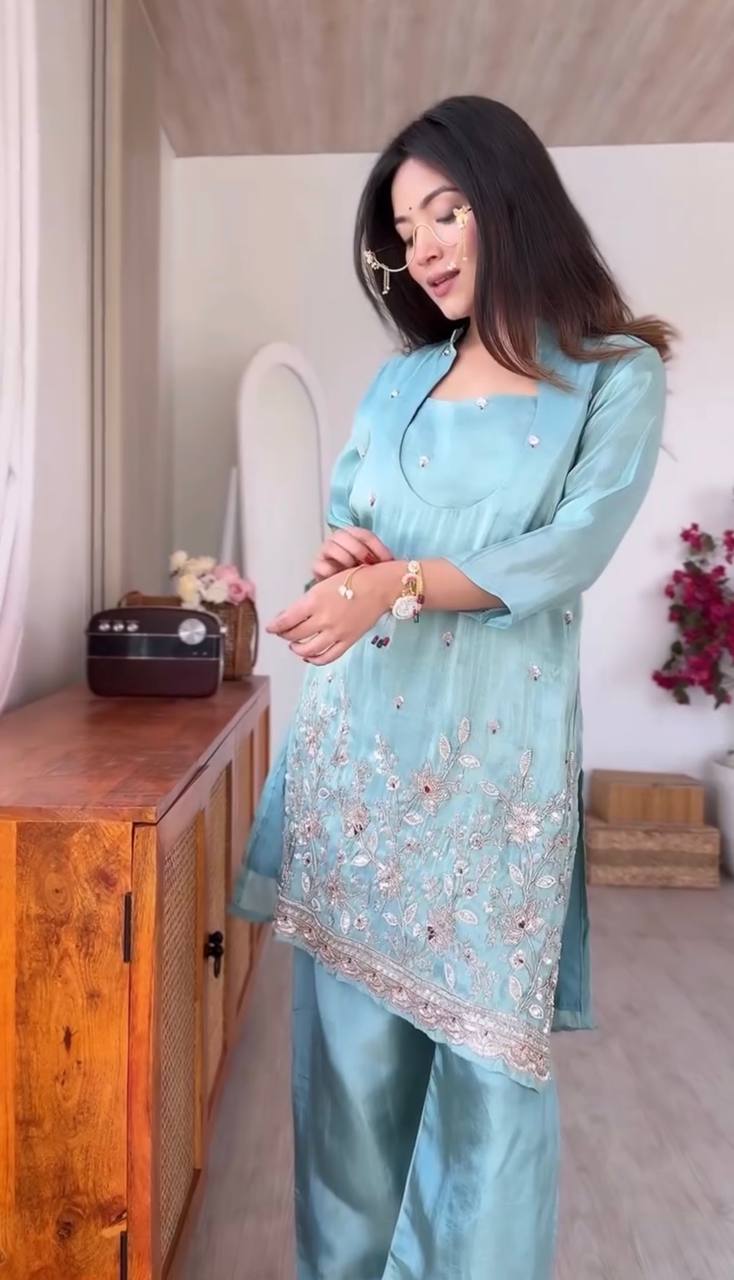 Roman Silk Embroidered Pant Set