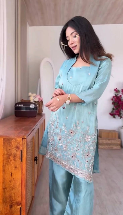 Roman Silk Embroidered Pant Set