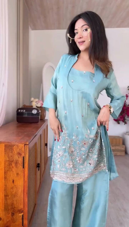 Roman Silk Embroidered Pant Set