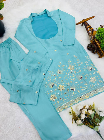 Roman Silk Embroidered Pant Set