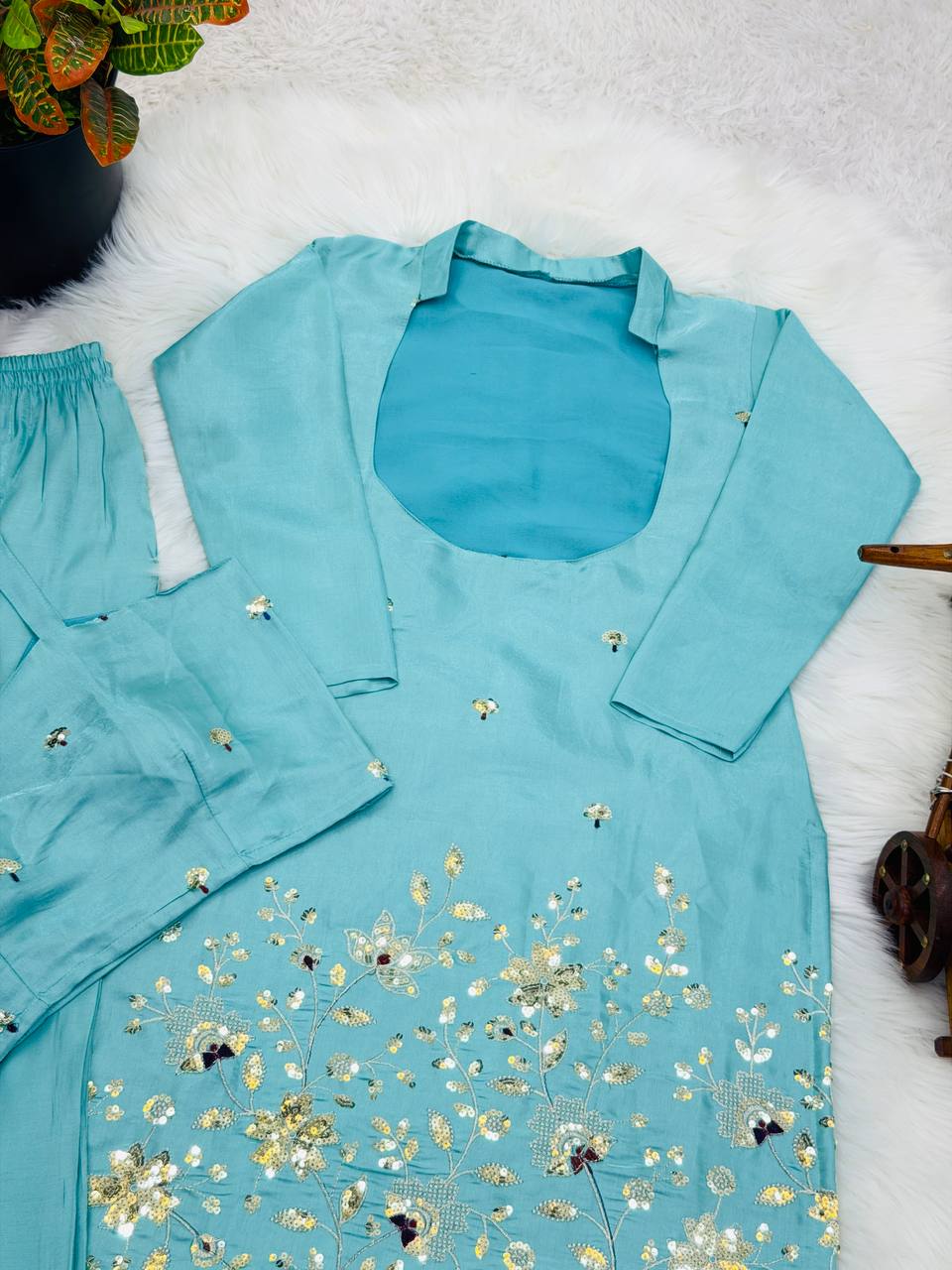 Roman Silk Embroidered Pant Set