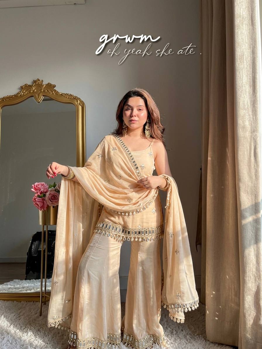 Fendy Silk Mirror Work Sharara Set