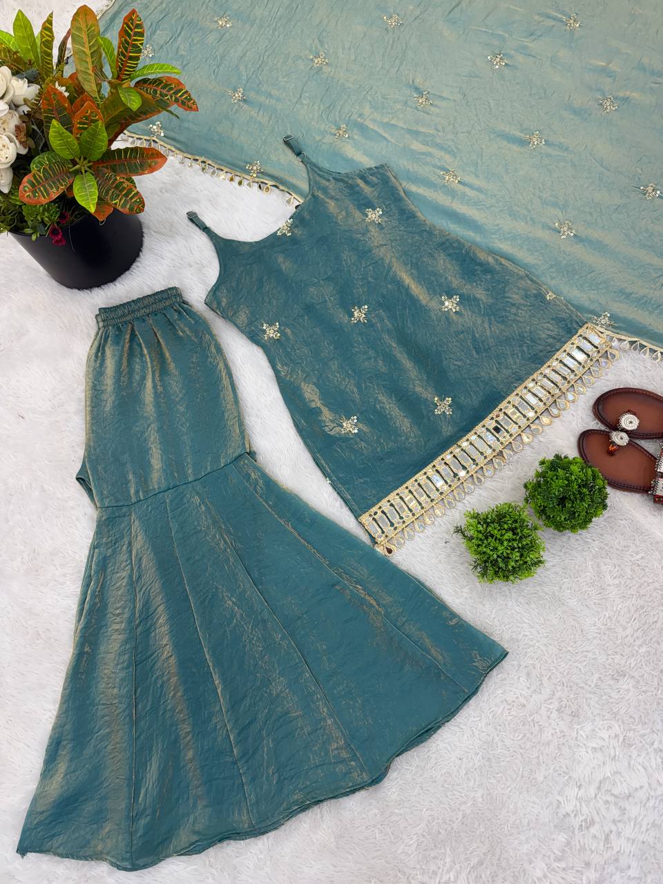 Fendy Silk Mirror Work Sharara Set