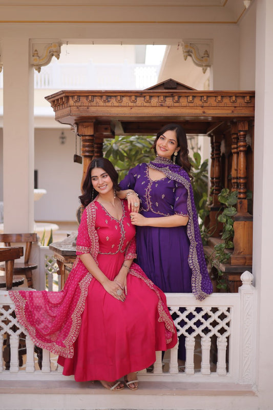 Mul Chanderi Embroidered Gown Set