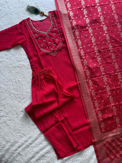 Mul Chanderi Handwork Suit Set