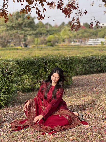 Natural Crepe Silk Embroidered Suit Set