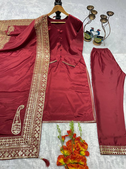 Natural Crepe Silk Embroidered Suit Set