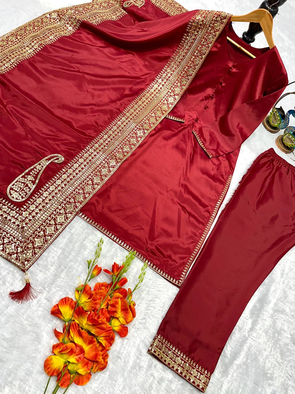 Natural Crepe Silk Embroidered Suit Set