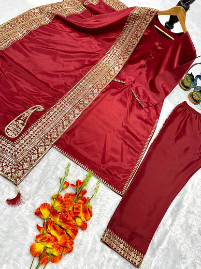 Natural Crepe Silk Embroidered Suit Set