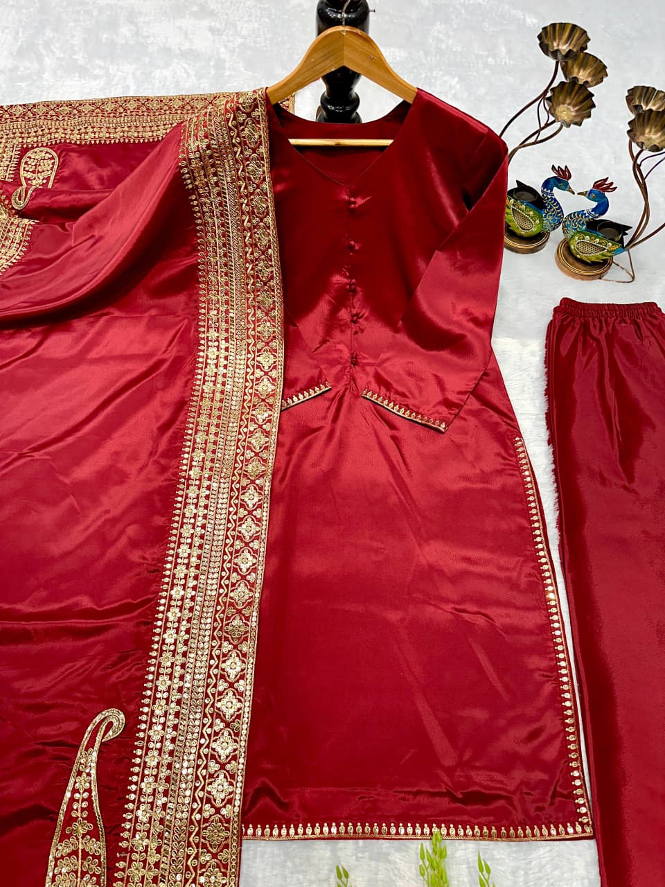 Natural Crepe Silk Embroidered Suit Set