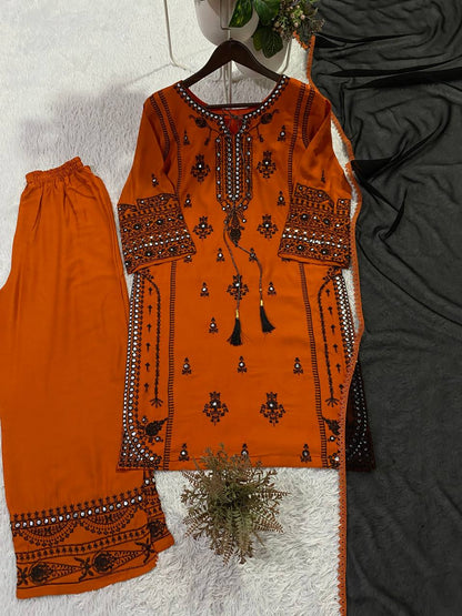 Rayon Embroidered Mirror Work Palazzo Set