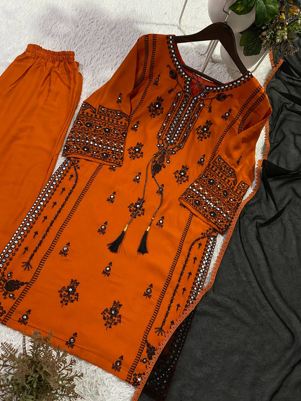 Rayon Embroidered Mirror Work Palazzo Set