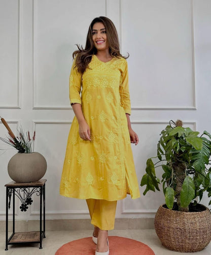 Cotton Chikankari Angrakha Pant Set