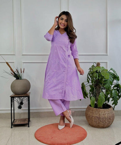 Cotton Chikankari Angrakha Pant Set