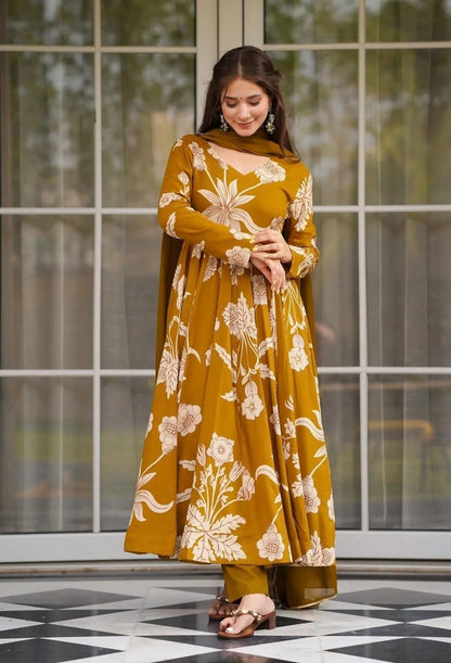 Rayon Slub Printed Anarkali Suit Set