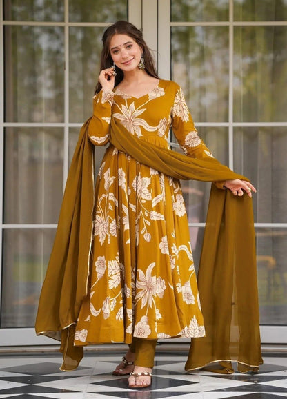Rayon Slub Printed Anarkali Suit Set