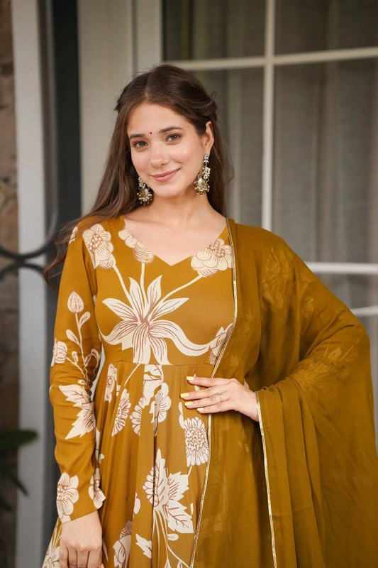 Rayon Slub Printed Anarkali Suit Set