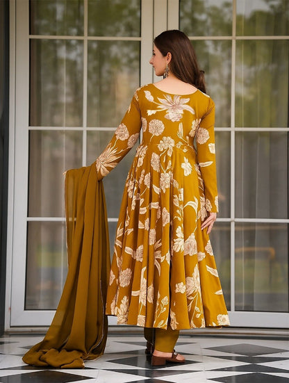 Rayon Slub Printed Anarkali Suit Set