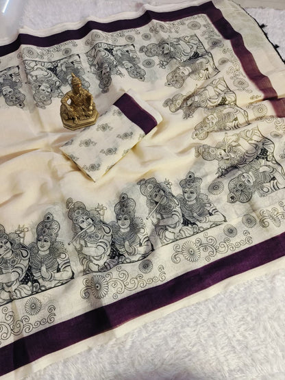 Heavy Linen Blooming Digital Print Saree