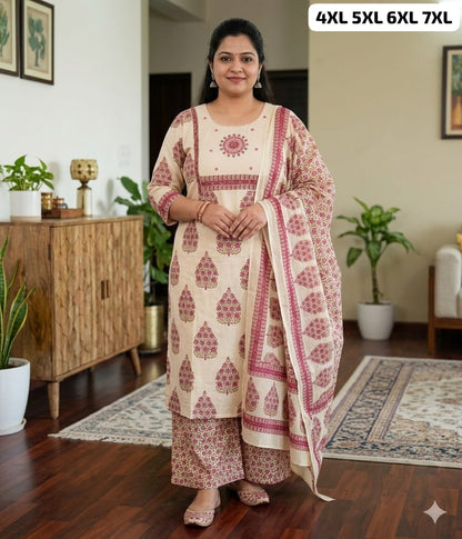 Pure Mul Cotton Embroidered Plus Size Suit Set
