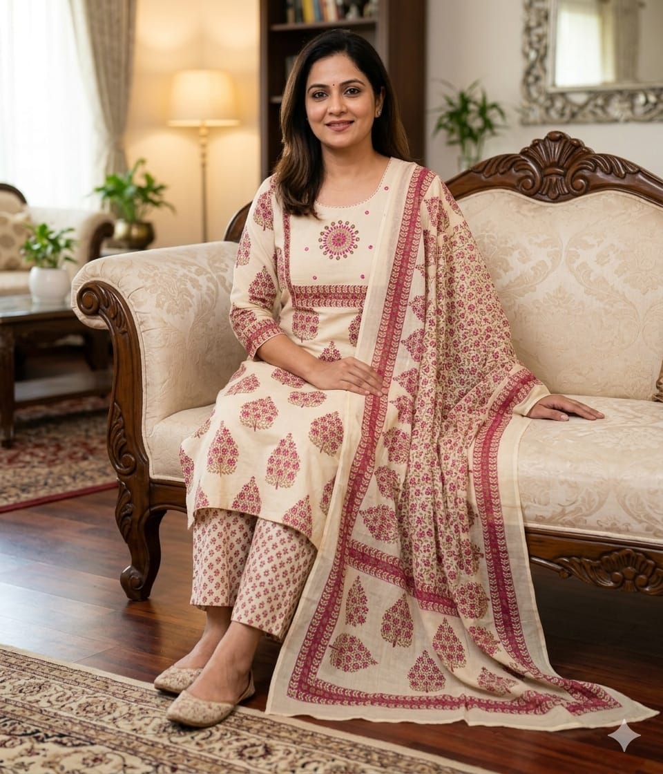 Pure Mul Cotton Embroidered Plus Size Suit Set