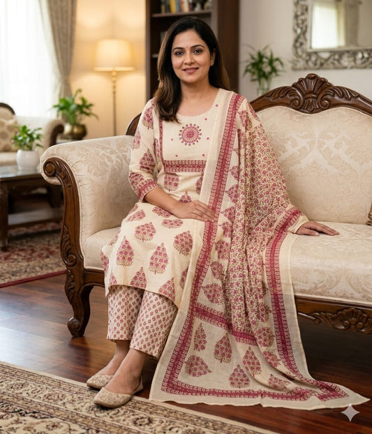 Pure Mul Cotton Embroidered Plus Size Suit Set