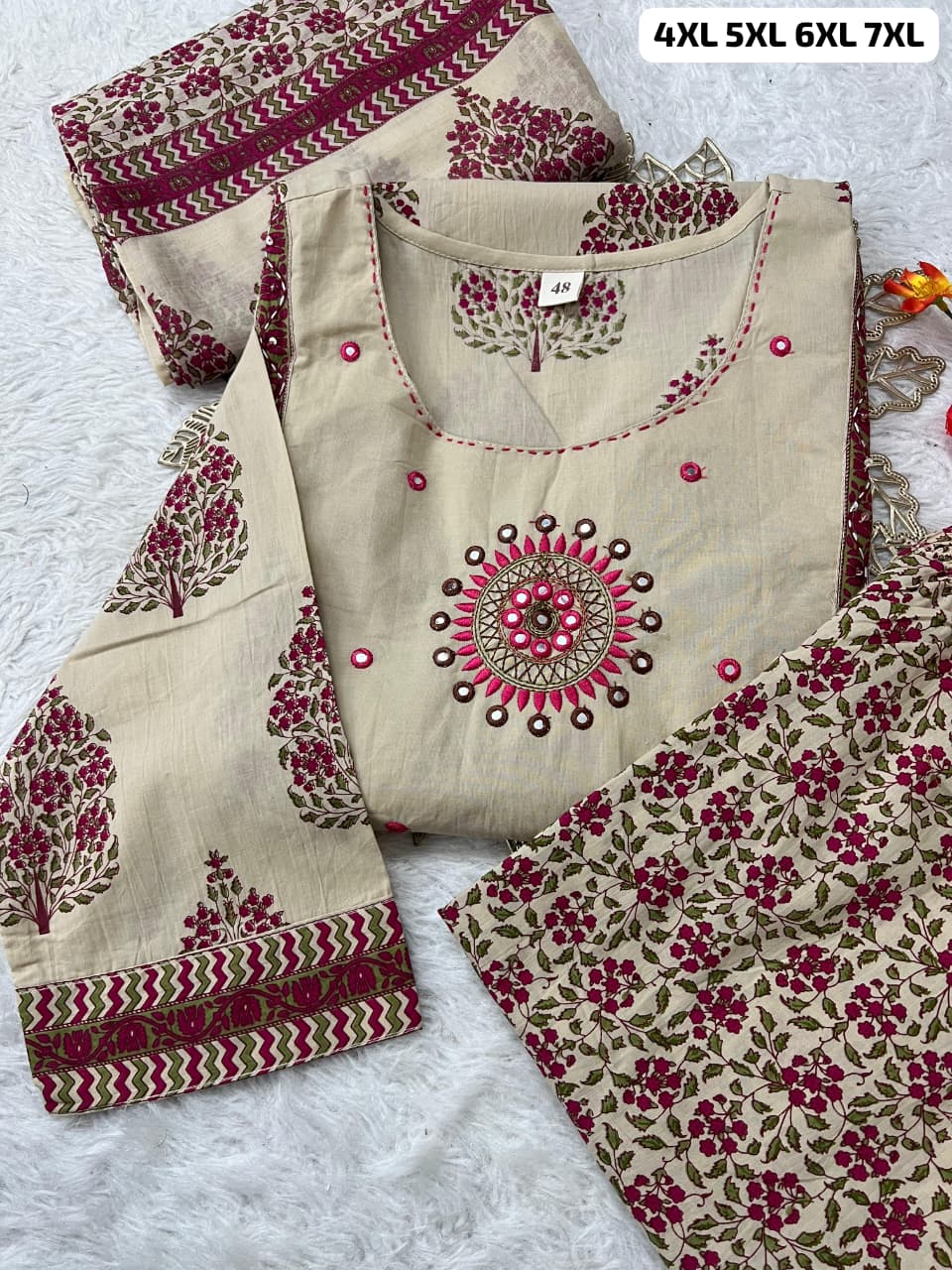 Pure Mul Cotton Embroidered Plus Size Suit Set