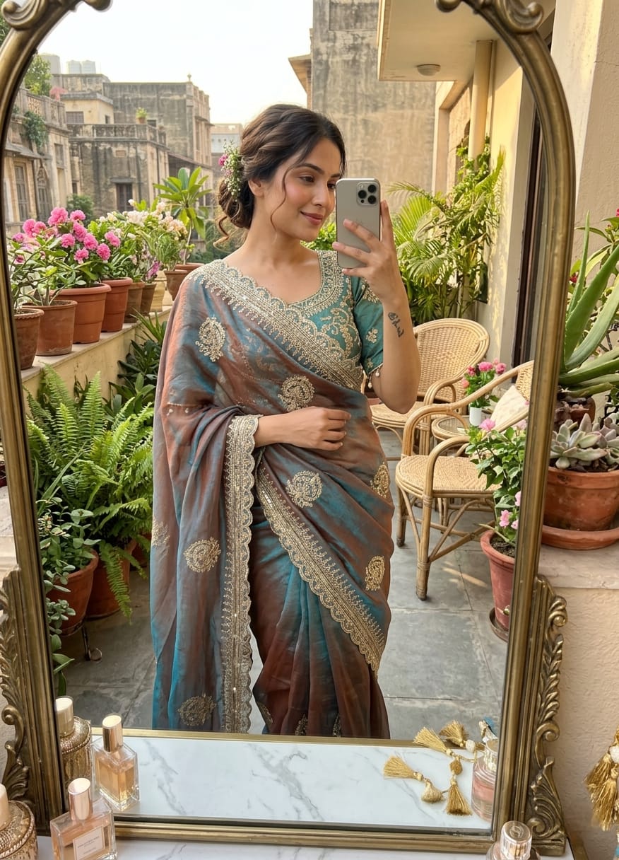 Fendy Chiffon Two-Tone Embroidered Saree