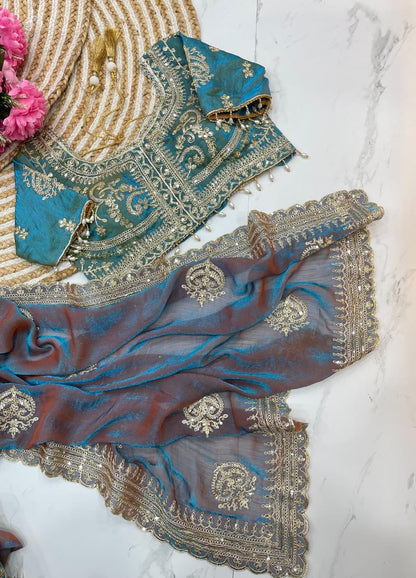 Fendy Chiffon Two-Tone Embroidered Saree